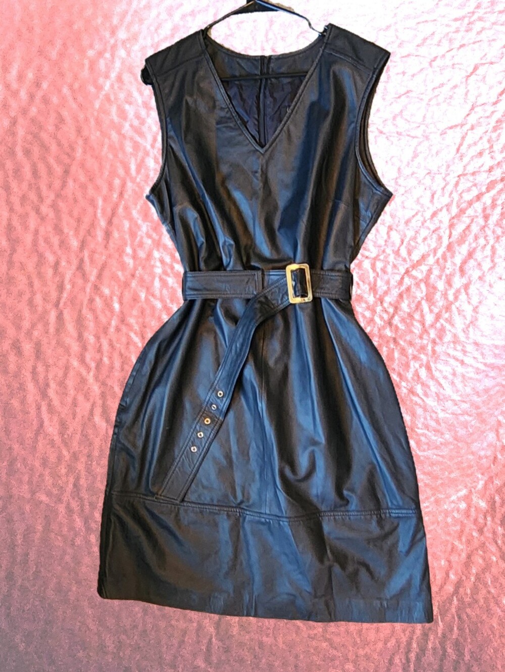 Black Leather Sleeveless Belted Mini Dress Genuine leather  ultra  soft